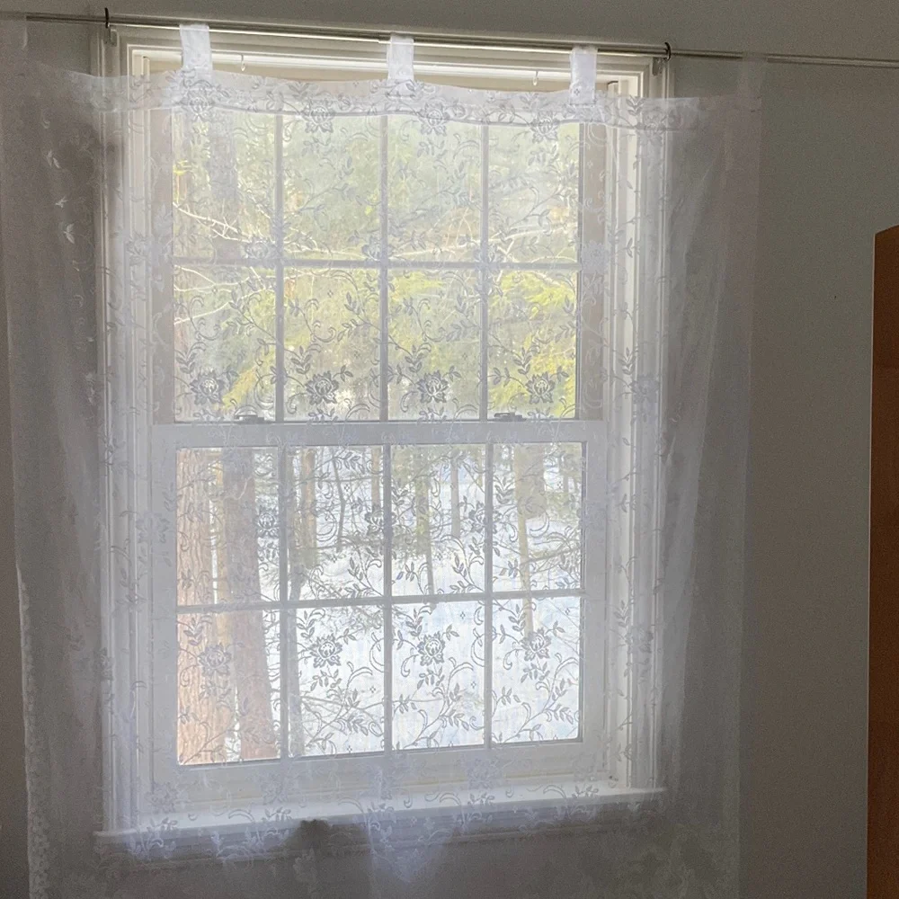 Elegant White Lace Curtain Panels Floral, Scalloped Bottom - 74” x 56” -Set of 3